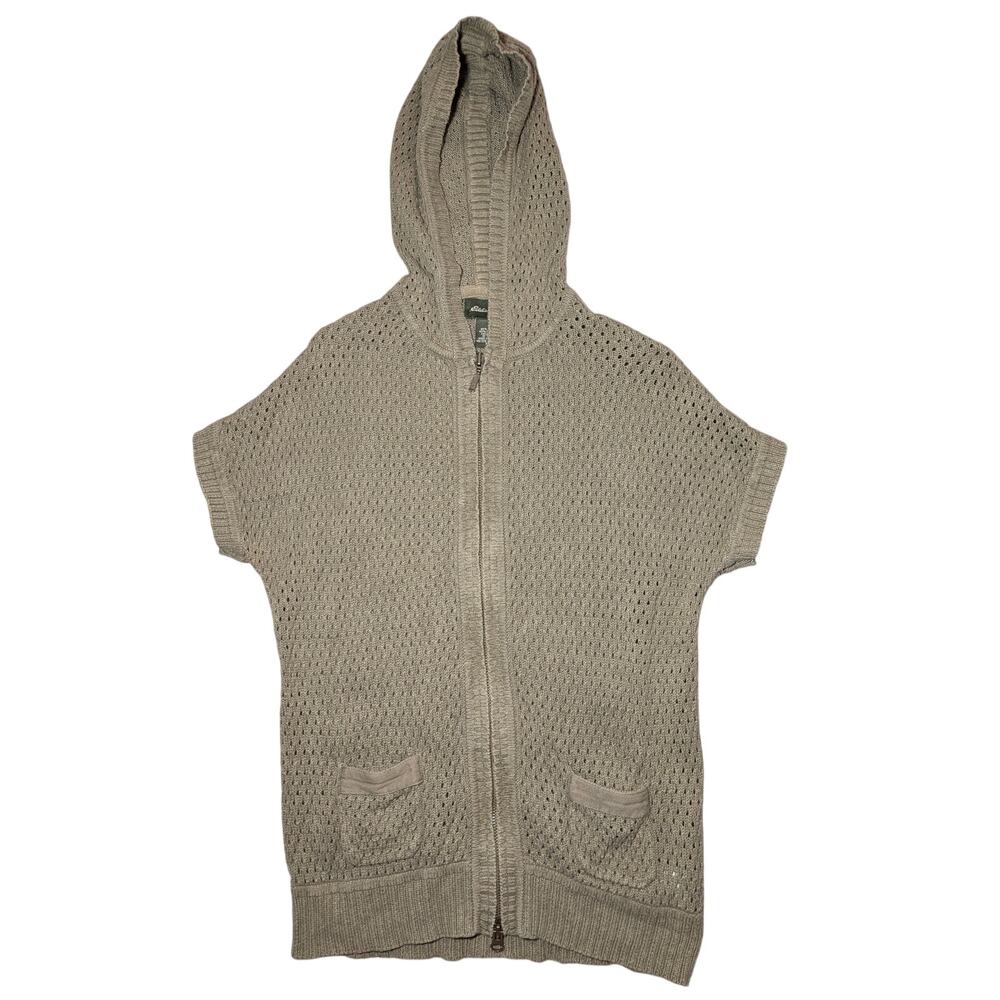Vintage Eddie Bauer Women’s M Hooded Open Knit Zip Front Sweater Vest Cardigan